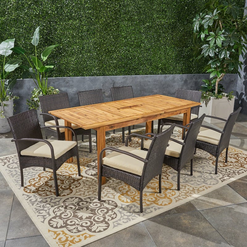 Elmar 9 Piece Outdoor Wood/Wicker Extending Dining Set by Christopher Knight Home - Natural + Multi Brown + Crème Cushion