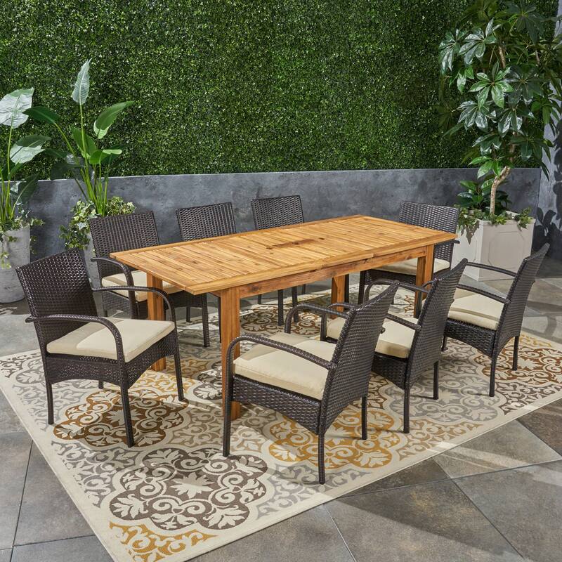 Elmar 9 Piece Outdoor Wood/Wicker Extending Dining Set by Christopher Knight Home - Natural + Multi Brown + Crème Cushion