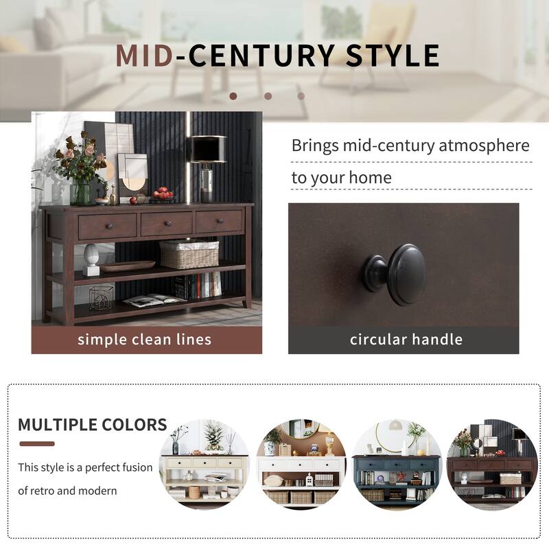 Retro Design Solid Wood Console Table with 2 Open Shelves