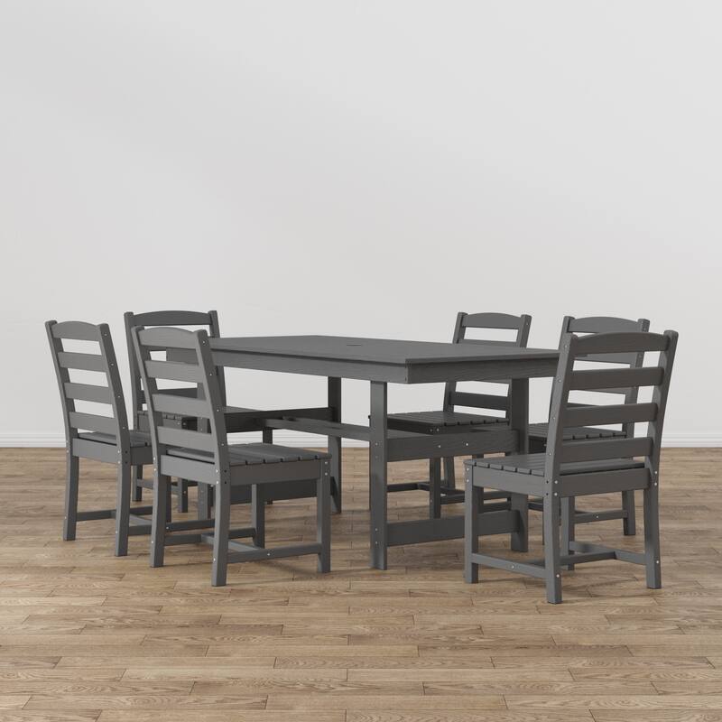 Outdoor Dining Table and Chair Set: HDPE Material, Wood - Grain Design