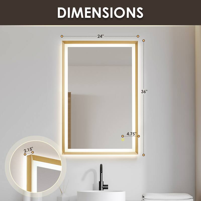 Apollo Rectangular Anti-Fog Dimmable Modern Bathroom/Vanity LED Lighted Wall Mirror in Brushed Gold Aluminum Framed