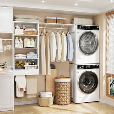 60'' Wall-mounted Closet System with Hanging Rods, Clothing Organizer with Tower Shelves for Laundry Room
