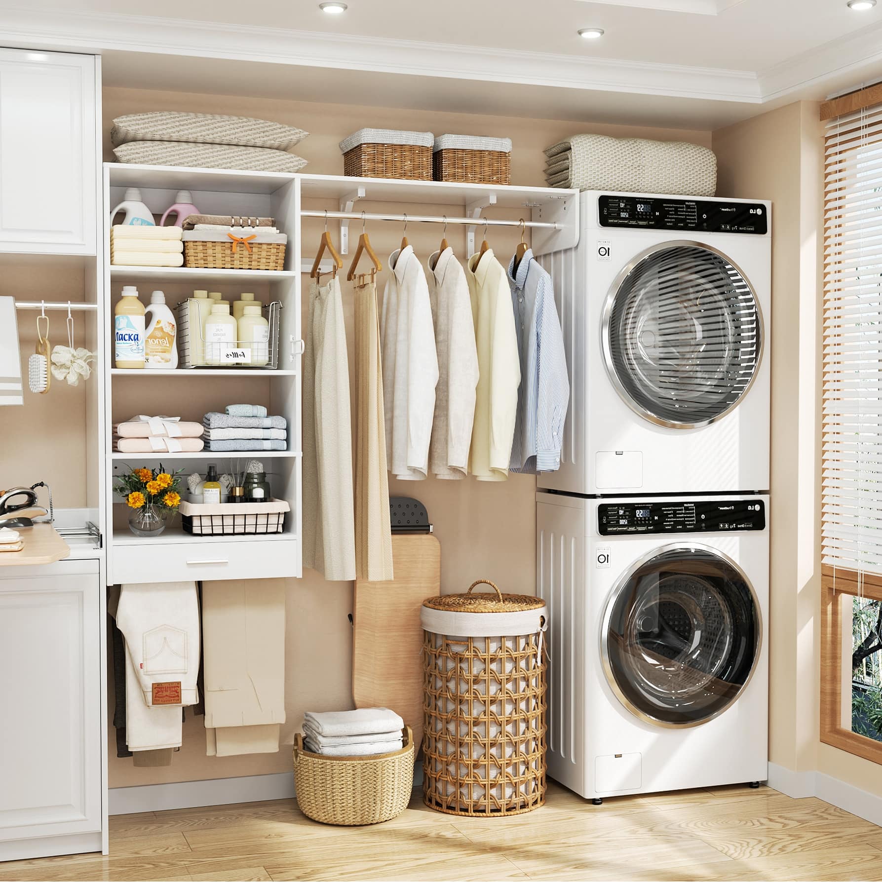 60'' Wall-mounted Closet System with Hanging Rods, Clothing Organizer with Tower Shelves for Laundry Room