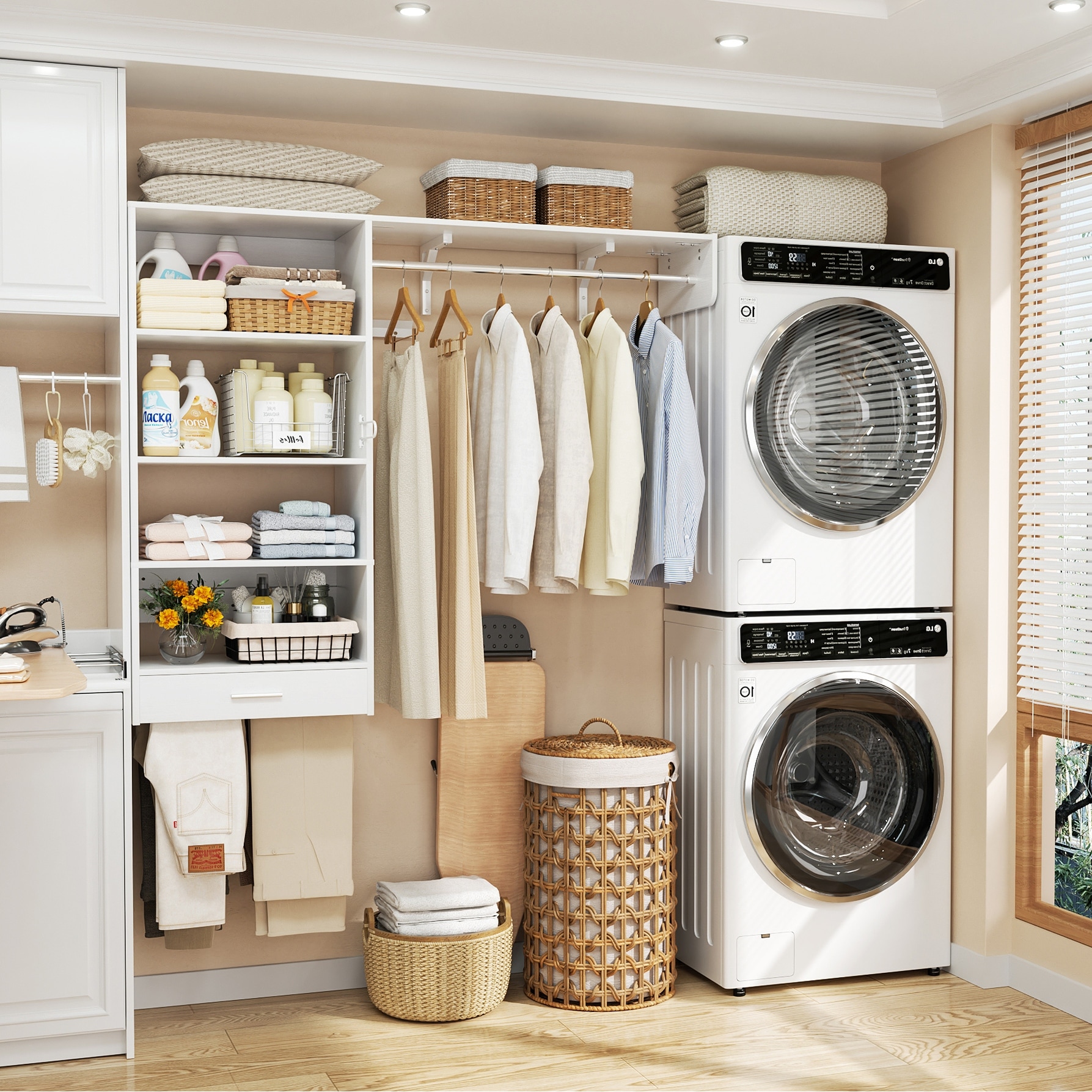 60'' Wall-mounted Closet System with Hanging Rods, Clothing Organizer with Tower Shelves for Laundry Room