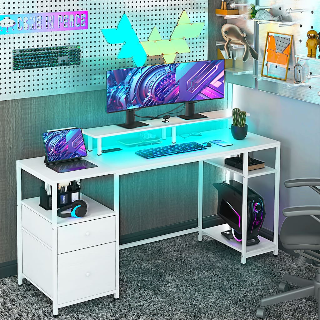 Modern Computer Desk with LED Lighting and USB Charging Ports and Smart Storage for Home Office and Bedroom