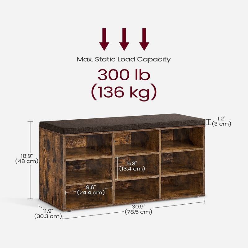 9-Compartment Storage Bench with Comfortable Linen-Look Seat Cushion for Shoes and Accessories - 11.9"D x 30.9"W x 18.9"H