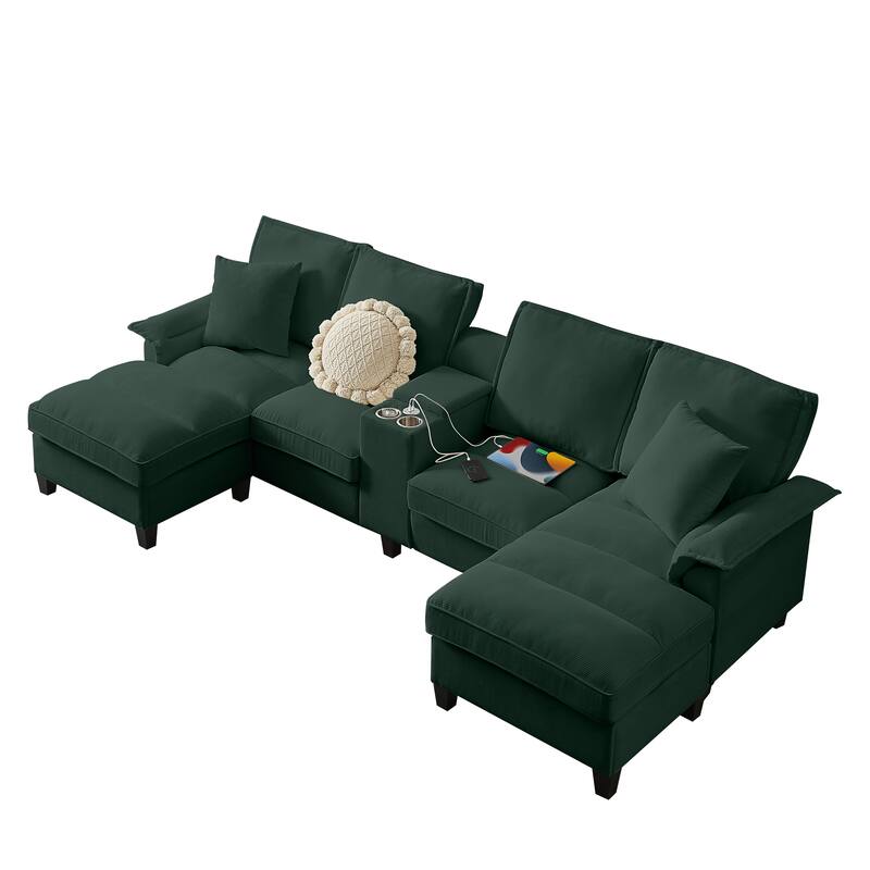 Sectional Sofa Bed Sleeper Sofa with Storage, U-Shaped 4-Seater Chaise Lounge Sofa with Cup Holders & USB Charge