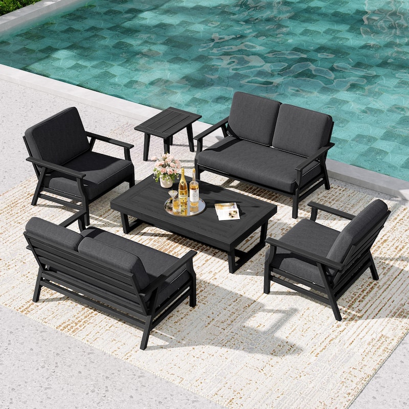4-Piece Teak Outdoor Conversation Set With 2 Loveseats, Coffee Table & Side Table - Dark Grey - Black Wood