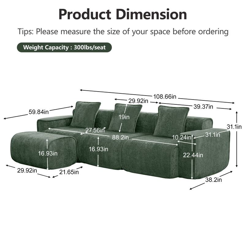GDFStudio - Streamlined Velvet 3-Seater 108.66" L-Shaped Modular Boneless Sofa with Ottoman