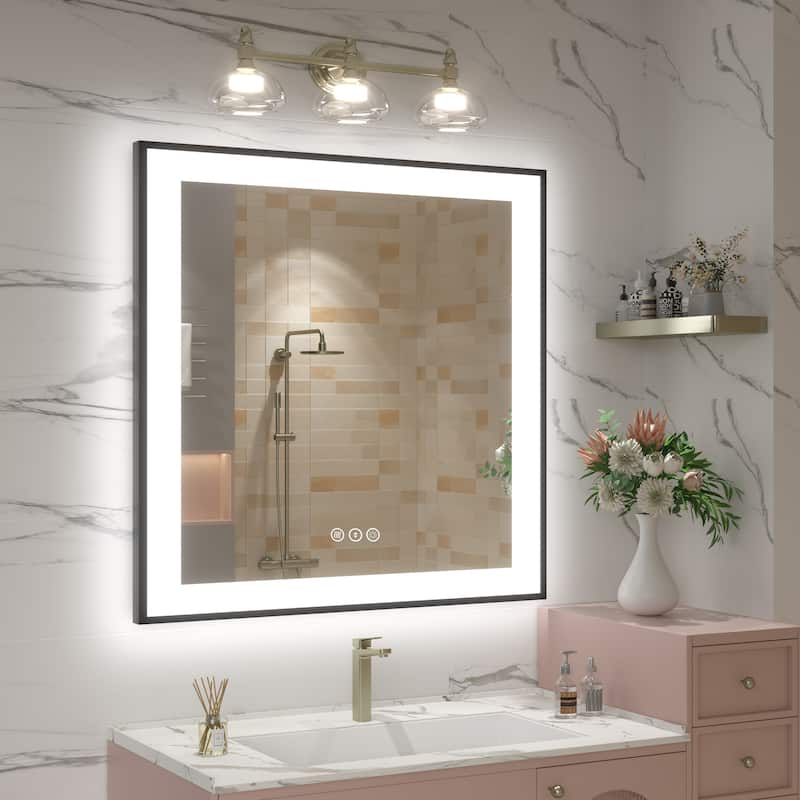 Front & Back LED Anti-Fog Tempered Glass Framed Bathroom/Vanity Mirror 3-Year Warranty - 32" x 32"-Square Corner - Black