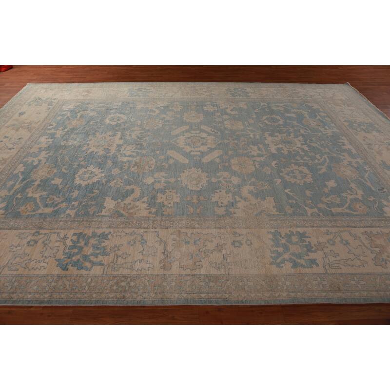 Floral Vegetable Dye Blue Oushak Turkishrug Hand-Knotted Wool Carpet - 9'7"x 13'3"
