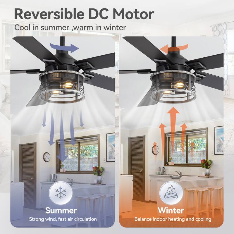 52-inch Reversible 5-Blade Caged Ceiling Fan with Light and Remote