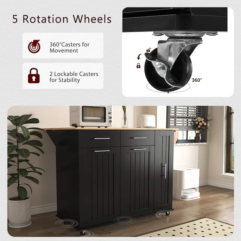 Kitchen Island with Drop Leaf and Internal Storage Rack, Rolling Storage Cart with 3 Tier Pull Out Cabinet Organizer, 2 Drawers