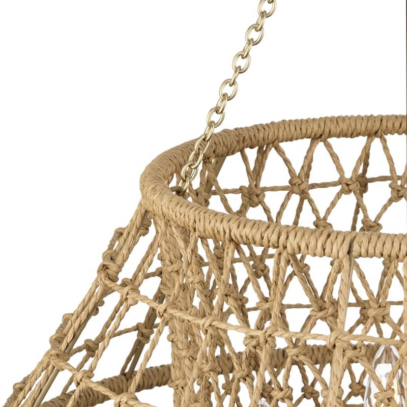 Laila Collection Four-Light Vintage Brass Coastal Chandelier with Woven Jute Accents - 22.37 in x 22.37 in x 23.62 in