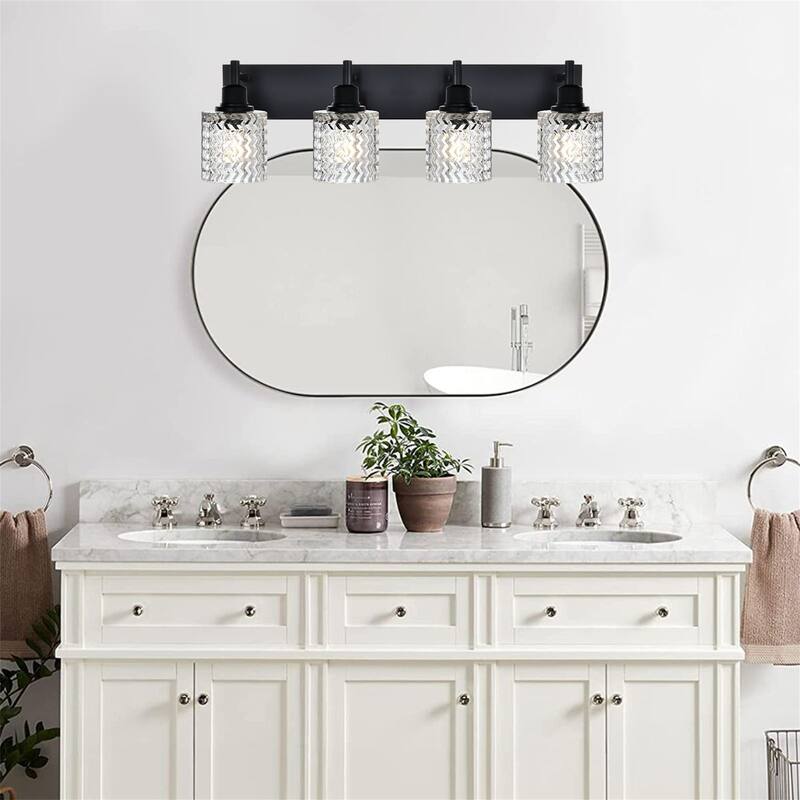 4-Light Industrial Black Wall Sconce with Hammered Glass Shades
