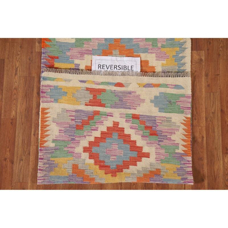 Hand Woven Oriental 100% Wool Carpet Southwestern Geometric Multi-Colored Kilim Runner Rug - 7' 10'' X 2' 9''