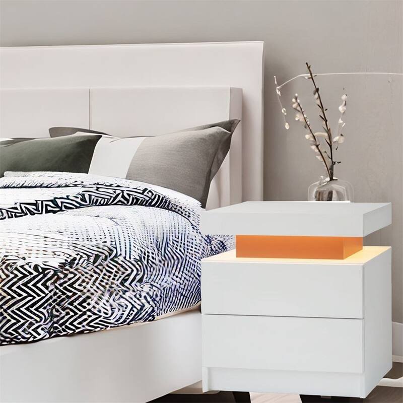 Modern Bedroom Nightstand with LED Lights Decoration and 2 Drawers