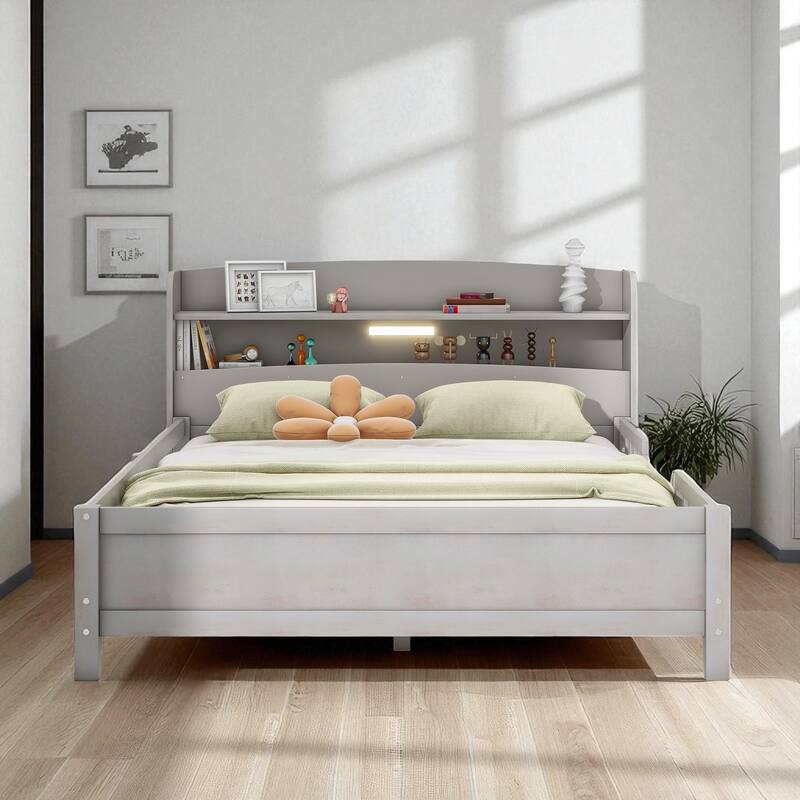Twin/Full Size Wood Platform Bed with LED Light, Storage Headboard and Guardrail, No Box Spring Needed