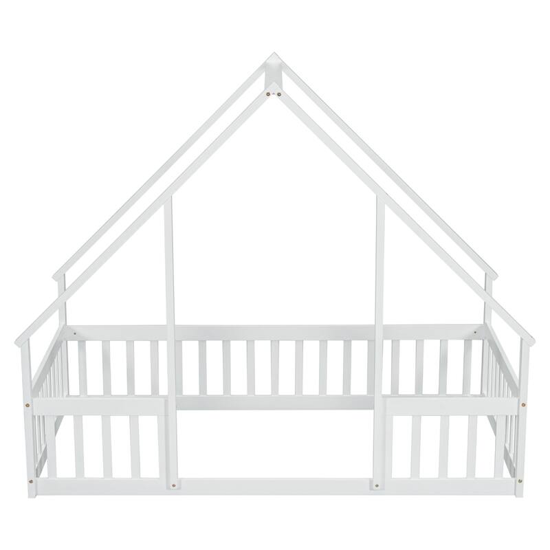 Twin Size Wood House Floor Bed with Fence and Guardrails