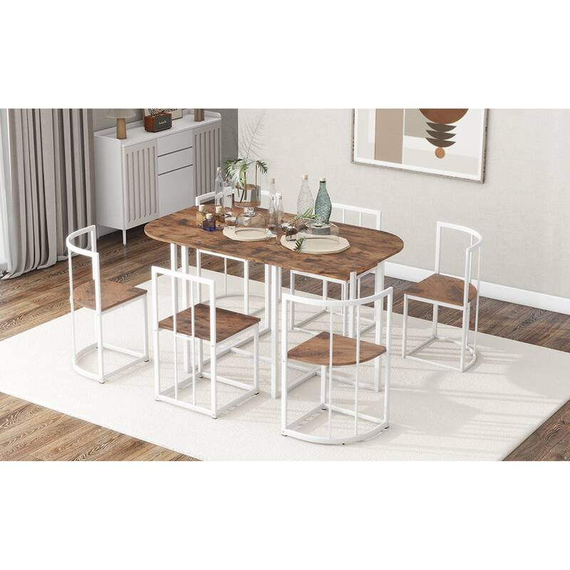 Roomfitters Modern 7-Piece Dining Table Set, 55" Faux Marble Kitchen Table with 6 Space-Saving Metal Chairs for 6