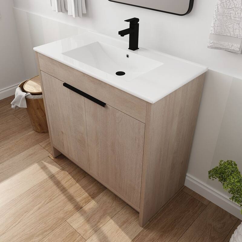 24", 30", 36" Freestanding Bathroom Vanity with White Ceramic Sink & Soft-Close Doors
