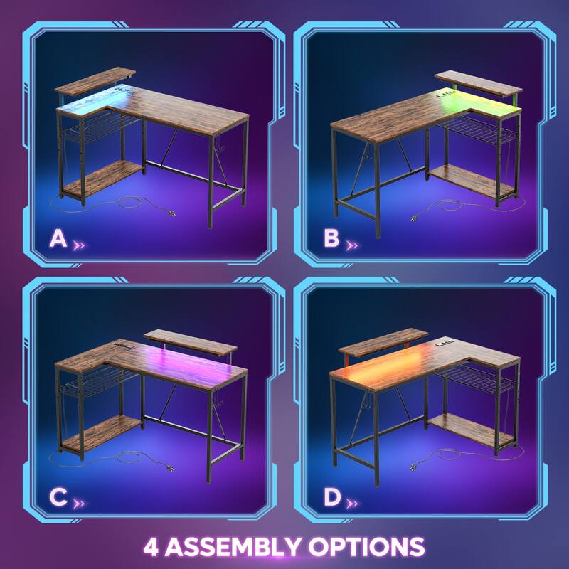 48inch L shaped computer desk with power outlet , Led Gaming desk with Monitor stand