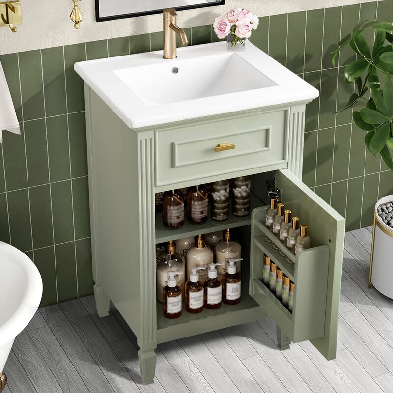 20" Bathroom Freestanding Vanity with Ceramic Sink,Solid Wood Legs,Adjustable Shelf,Tilt-Out Drawer
