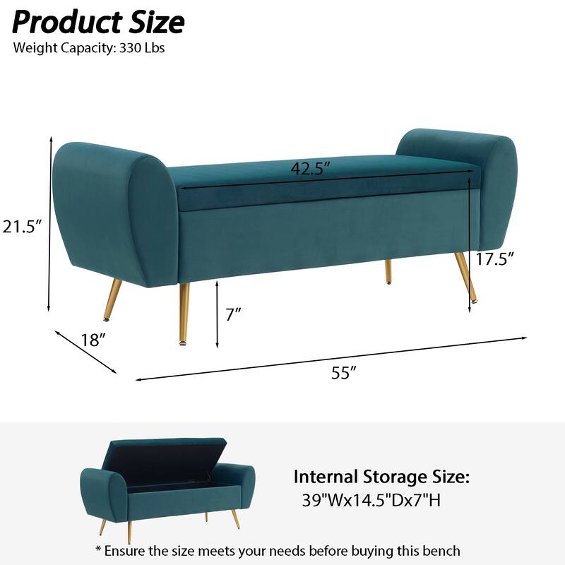 Upholstered 55"W Flip Top Storage Bench Bedroom Bench Modern End of Bed Bench for Entryway Hallway Window with Gold Legs