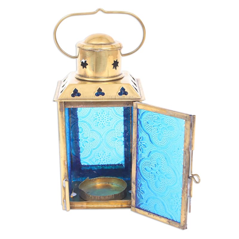 Novica Handmade Lantern In Blue Glass And Brass Tealight Holder