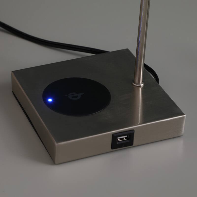 Grey Metal Table Lamp with Linen Square Shade and Wireless Charging - 5.5” x 5.5” x 21.5” (D x W x H)
