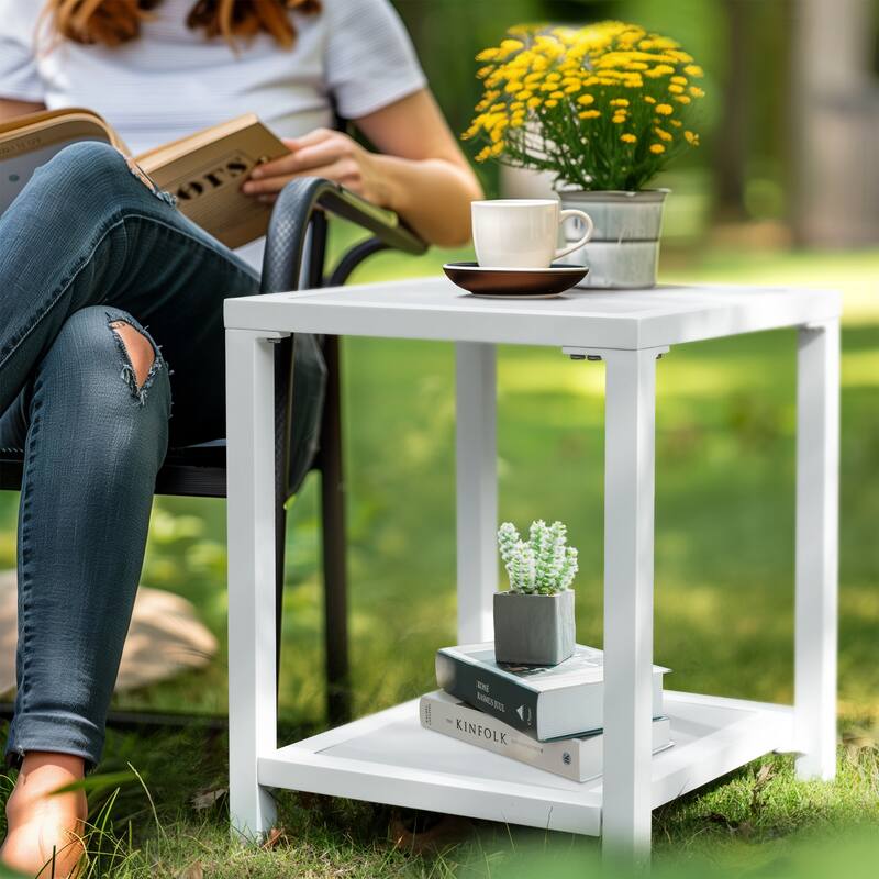 Outdoor Patio 2-Tier Small Square Side Table - 15.7 in L * 15.7 in W * 19.7 in H