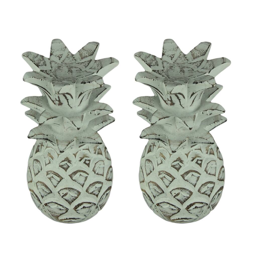Weathered White Carved Wood Tropical Pineapple Decor Statues Set Of 2 - 9.5 X 4.75 X 4.75 inches