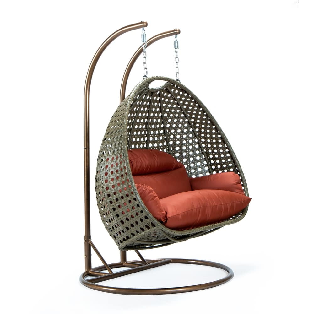 LeisureMod Modern 2-Person Egg Hanging Swing Chair with Beige Wicker, Oxford Fabric Cover, Patio Hammock Lounger and Cushions