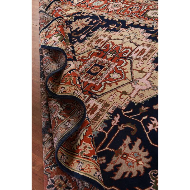 Hand Knotted Oriental 100% Wool Carpet Traditional Medallion Navy Blue & Blues Heriz (serapi) Area Rug - 13' 10'' X 9' 11''