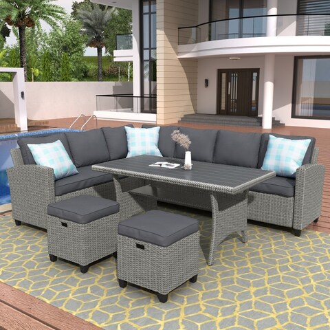 5 Piece Outdoor Wicker Sectional Sofa with Ottoman and Throw Pillows