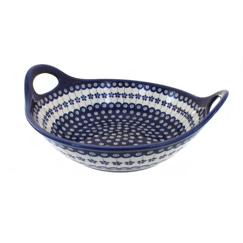 Blue Rose Polish Pottery 1347 Zaklady Deep Bowl with Handles - Flowering Peacock