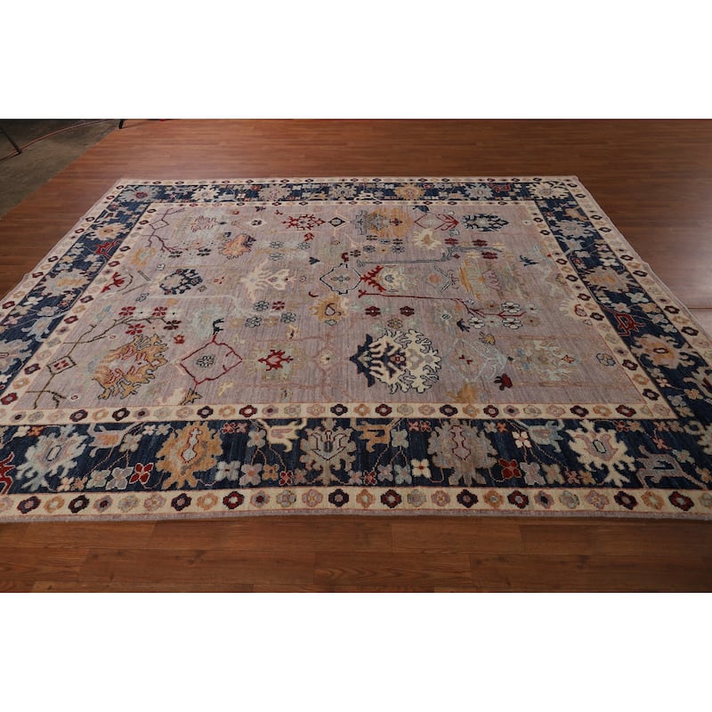 Vegetable Dye Oushak Turkish Rug Hand-Knotted Floral Wool Carpet - 8'0"x 9'11"