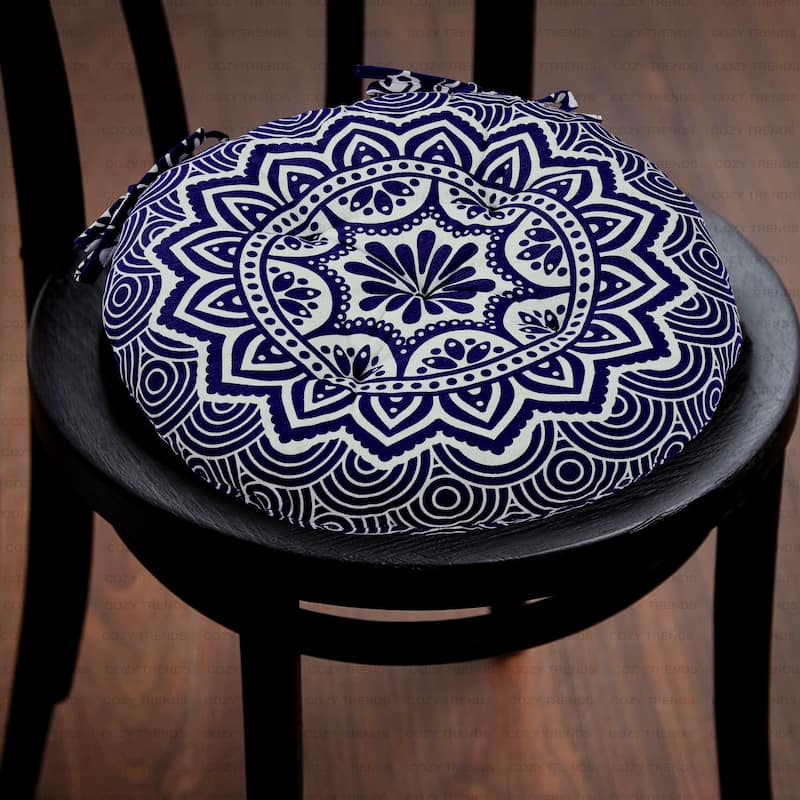 Handmade Cotton Mandala Tuffted Round Chair cushion pads 15''x15'' (Set of 2) with Ties for armchairs Dining Office chair