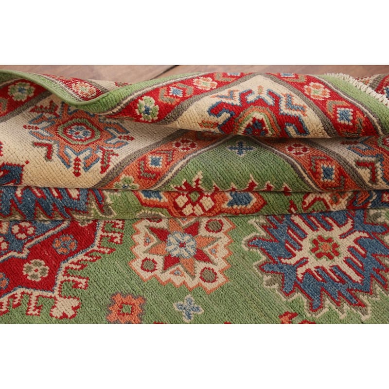 Traditional Green Kazak Oriental Area Rug Hand-Knotted Wool Carpet - 4'11" x 6'9"
