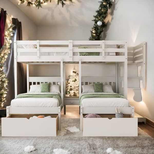 slide 2 of 40, Simple Full Over Twin&Twin Triple Bunk Bed with Drawers and Guardrails White