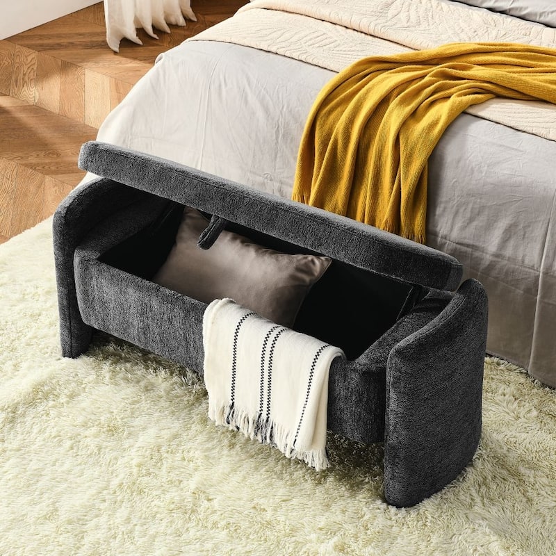 Oval Ottoman Storage Bench Chenille Fabric Bench with Large Storage Space - Grey