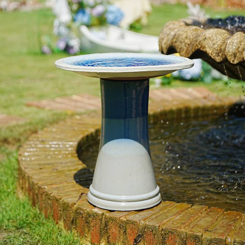 17"Ceramic Bird Bath for Outside, Elegant Tall Outdoor Bird Bath, Lightweight Pedestal Glazed Birdbaths with Swirl Pattern
