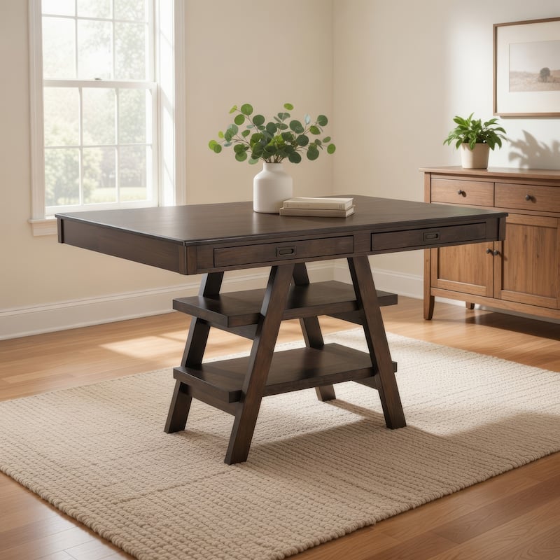 60 Inch Counter Height Dining Table, 2 Drawers, A Frame, Walnut Brown