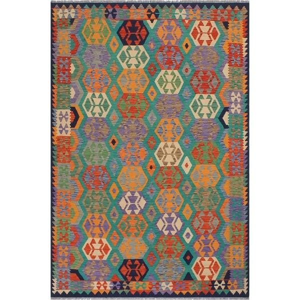 Leavy Rug Rustic Turkish Kilim Levy Green Blue Hand-Woven Wool Rug - 6'0'' x 7'10 ...