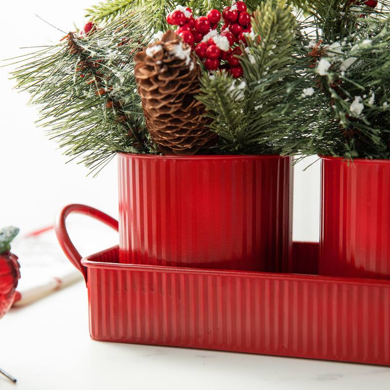 Glitzhome 21"L Christmas Metal Potted Triple Trees Centerpiece Table Settings