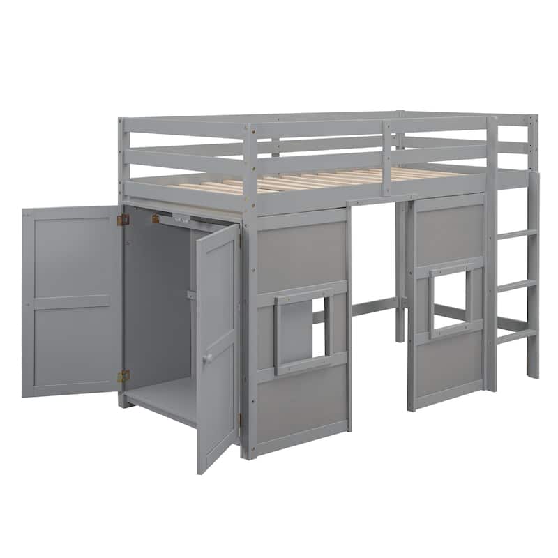 Gray Twin Size Pine Wood Loft Bed with Built-in Wardrobe, 2 Windows, and Guardrails