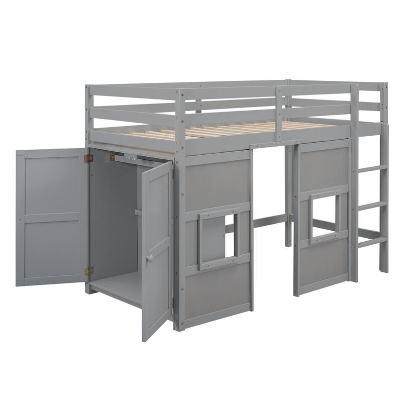 Roomfitters Twin Loft Bed with Built-in Storage Wardrobe, Two Windows and Elevated Sleeping Area