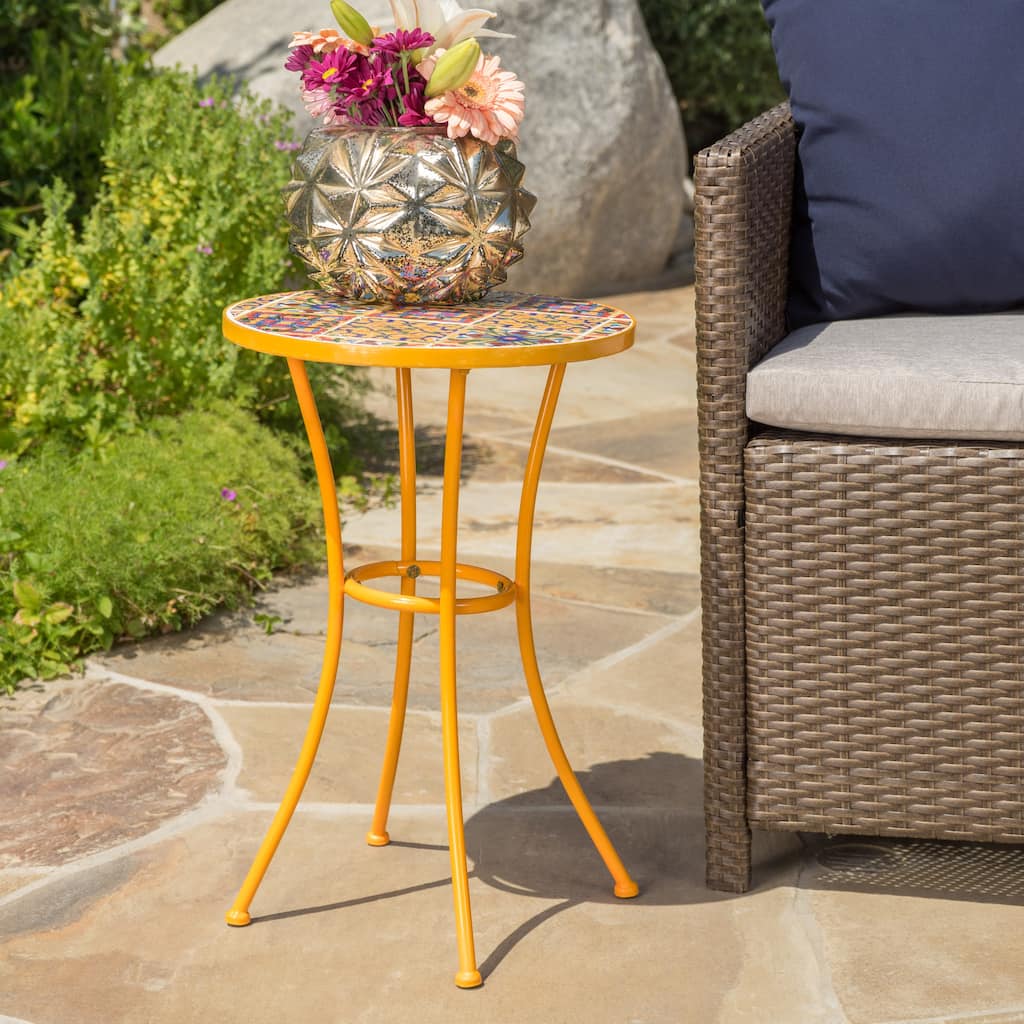 Outdoor Side Table with Tile Mosaic Table Top and Metal Legs, Yellow - 11.02