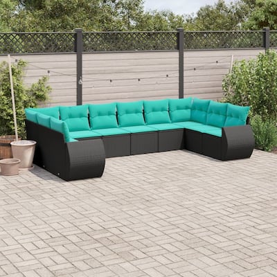 vidaXL 10 Piece Patio Sofa Set with Cushions Black Poly Rattan