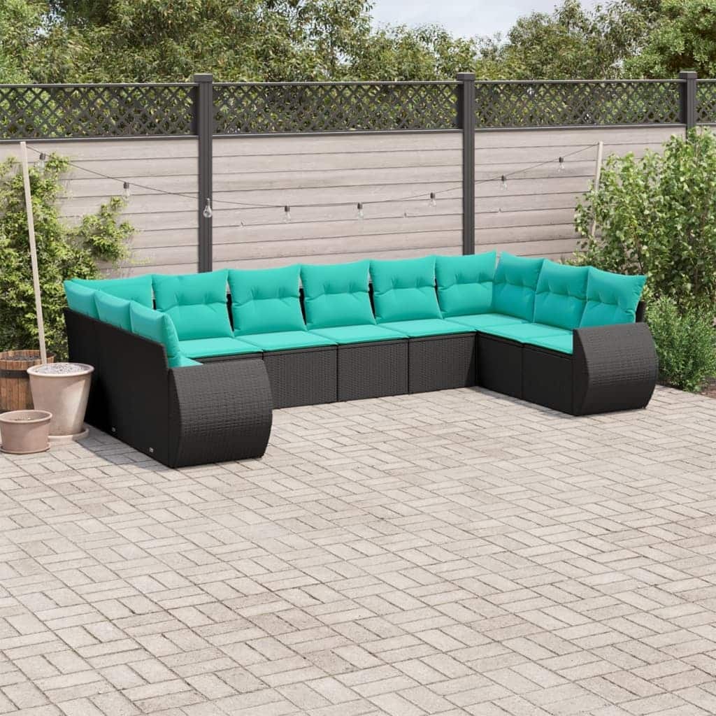 vidaXL 10 Piece Patio Sofa Set with Cushions Black Poly Rattan
